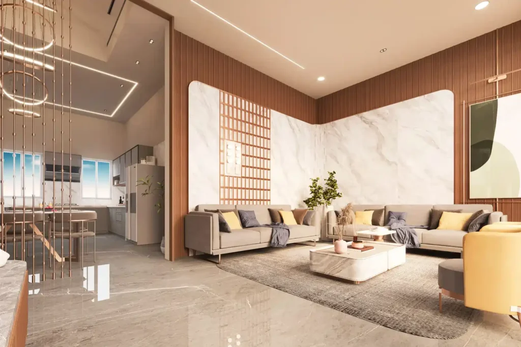 View of the living room with large windows showcasing the private garden and outdoor area.