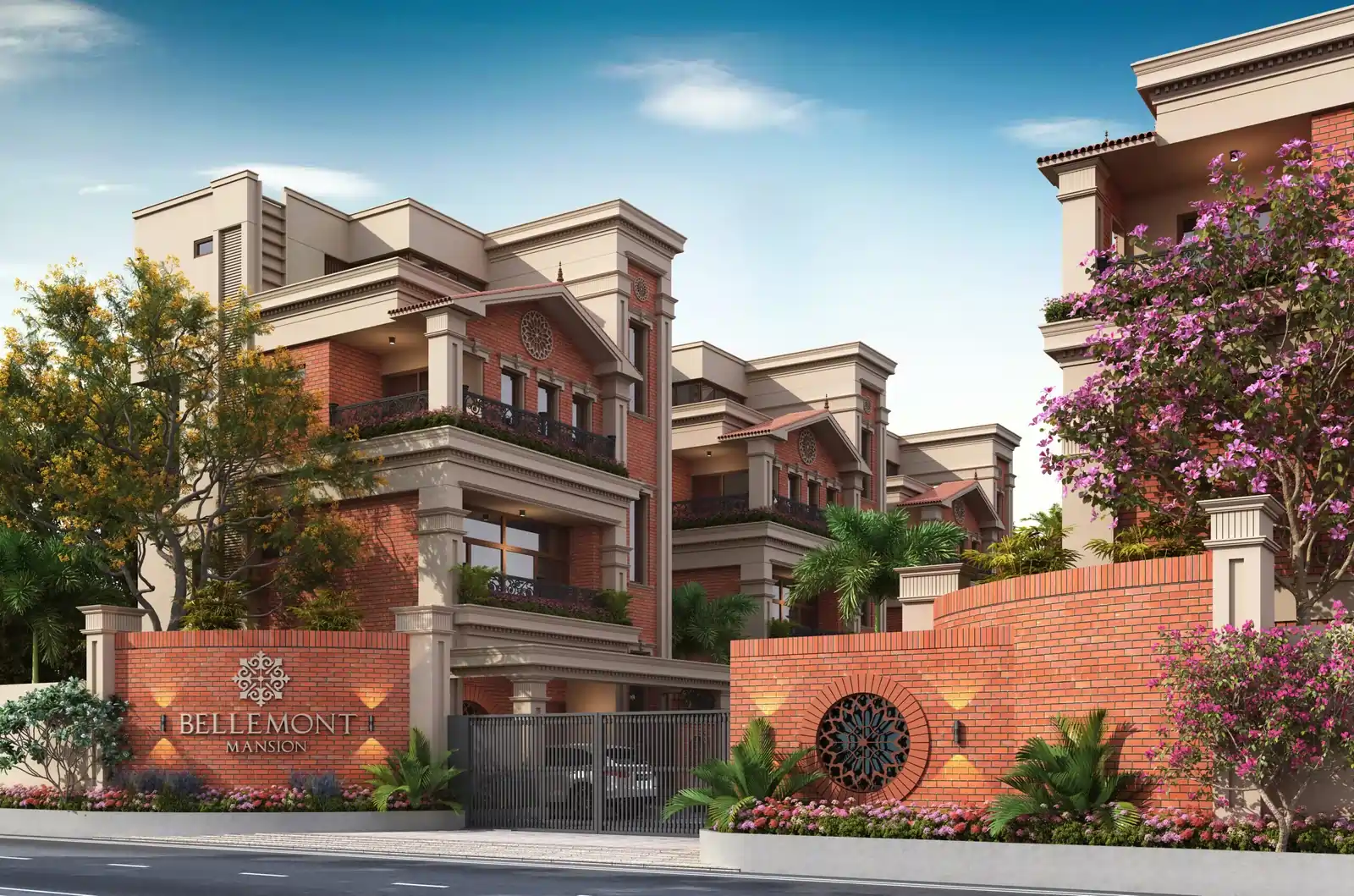 Gate view of Bellemont Mansion, showcasing the entrance and security features